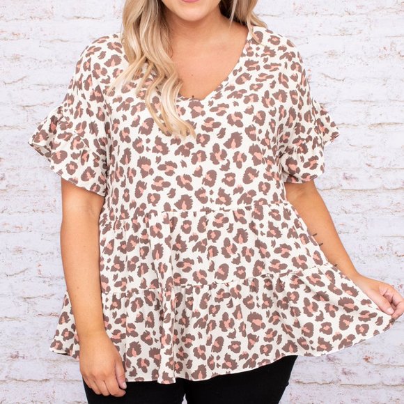 Tops - NEW 🔥 Ruffle Sleeve Stretchy Plus Tiered Top  3X Leopard Tunic Blouse Cheetah
